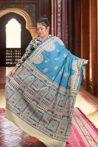 SKU0345 :  Pure Khadi Cotton Saree – Handwoven, Screen Print, Lightweight & Breathable Fabric | Madhubani - Madhubani / Warli, Geometric Print, All, No