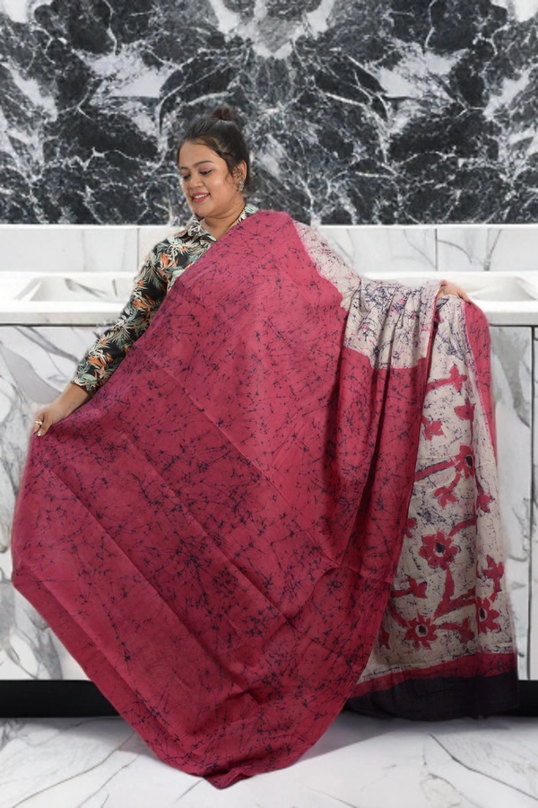 SKU0346 : Khadi Cotton Wax Batik Saree – Handcrafted, Lightweight & Breathable  - Floral, Batik Print, All, No