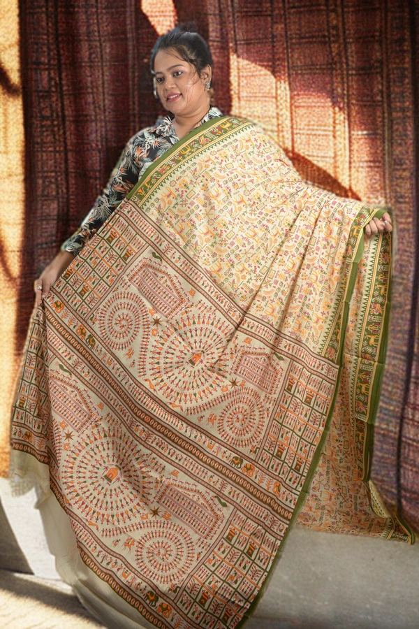 SKU0347 :  Pure Khadi Cotton Saree – Handwoven, Screen Print, Lightweight & Breathable Fabric | Madhubani - Madhubani / Warli, Screen Print, All, No