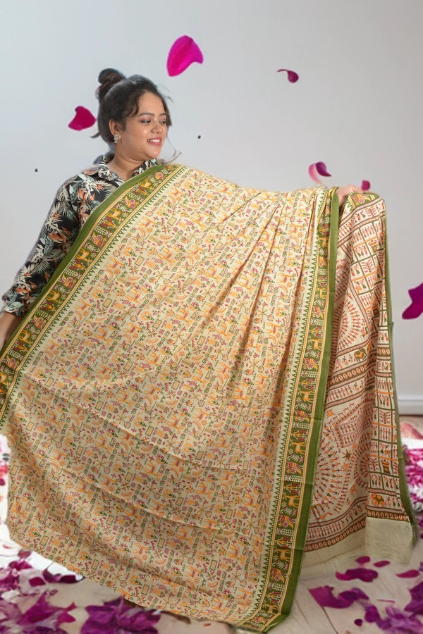 SKU0347 :  Pure Khadi Cotton Saree – Handwoven, Screen Print, Lightweight & Breathable Fabric | Madhubani - Madhubani / Warli, Screen Print, All, No