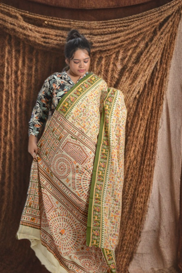 SKU0347 :  Pure Khadi Cotton Saree – Handwoven, Screen Print, Lightweight & Breathable Fabric | Madhubani - Madhubani / Warli, Screen Print, All, No