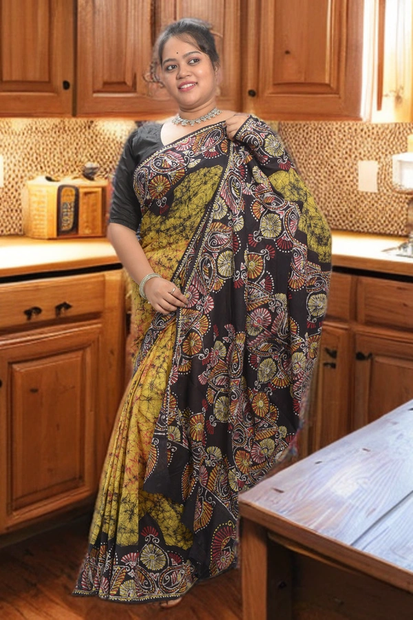 SKU0348 :    Khadi Cotton Wax Batik Saree – Handcrafted, Lightweight & Breathable  - Buti / Booti, Batik Print, All, Yes