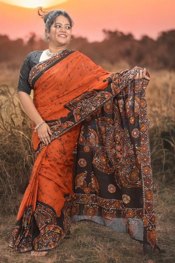 SKU0349 :  Khadi Cotton Wax Batik Saree – Handcrafted, Lightweight & Breathable  - Buti / Booti, Batik Print, All, Yes