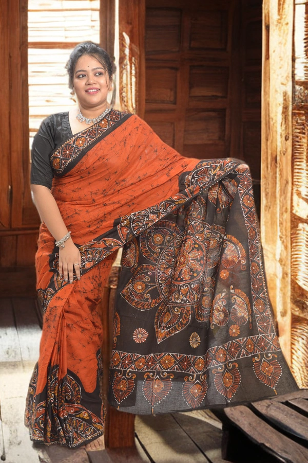 SKU0349 :  Khadi Cotton Wax Batik Saree – Handcrafted, Lightweight & Breathable  - Buti / Booti, Batik Print, All, Yes