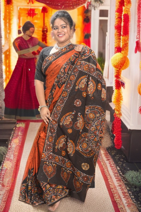 SKU0349 :  Khadi Cotton Wax Batik Saree – Handcrafted, Lightweight & Breathable  - Buti / Booti, Batik Print, All, Yes