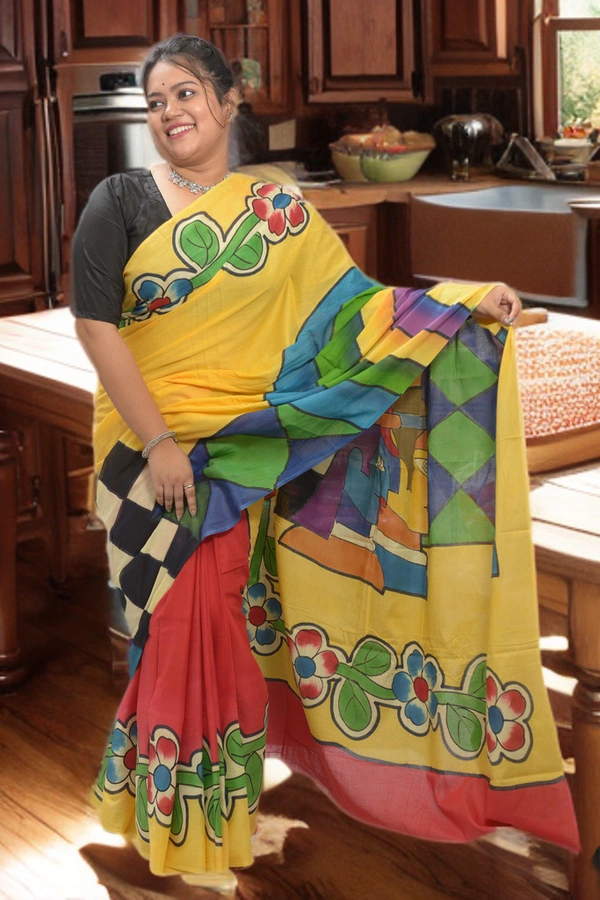 SKU0350 :  Pure Khadi Cotton Saree – Handwoven, Lightweight & Breathable Fabric | Floral - Floral, Hand Print, All, Yes