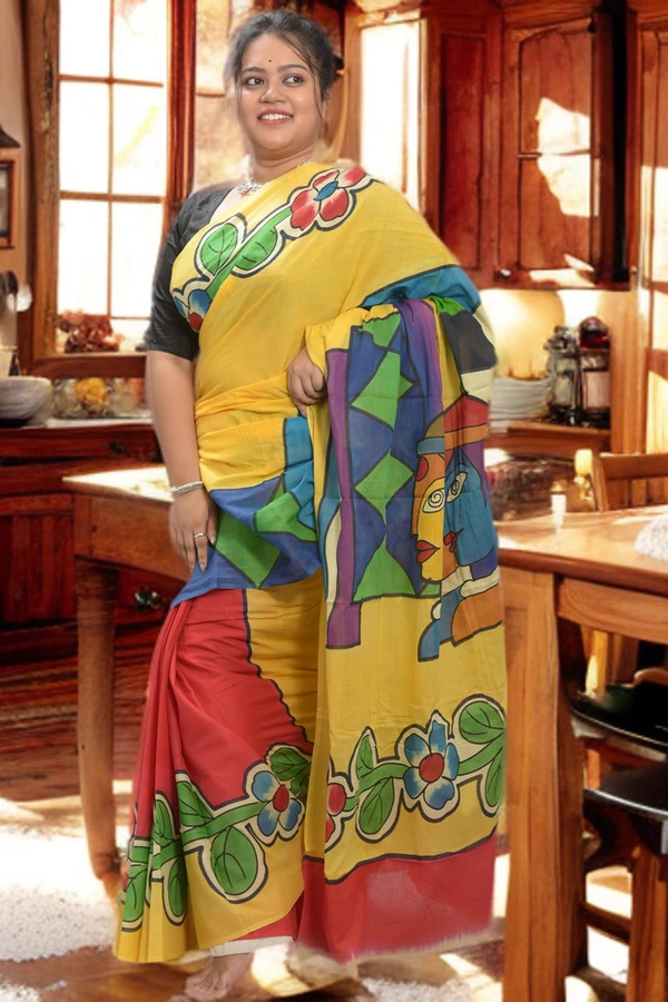 SKU0350 :  Pure Khadi Cotton Saree – Handwoven, Lightweight & Breathable Fabric | Floral - Floral, Hand Print, All, Yes