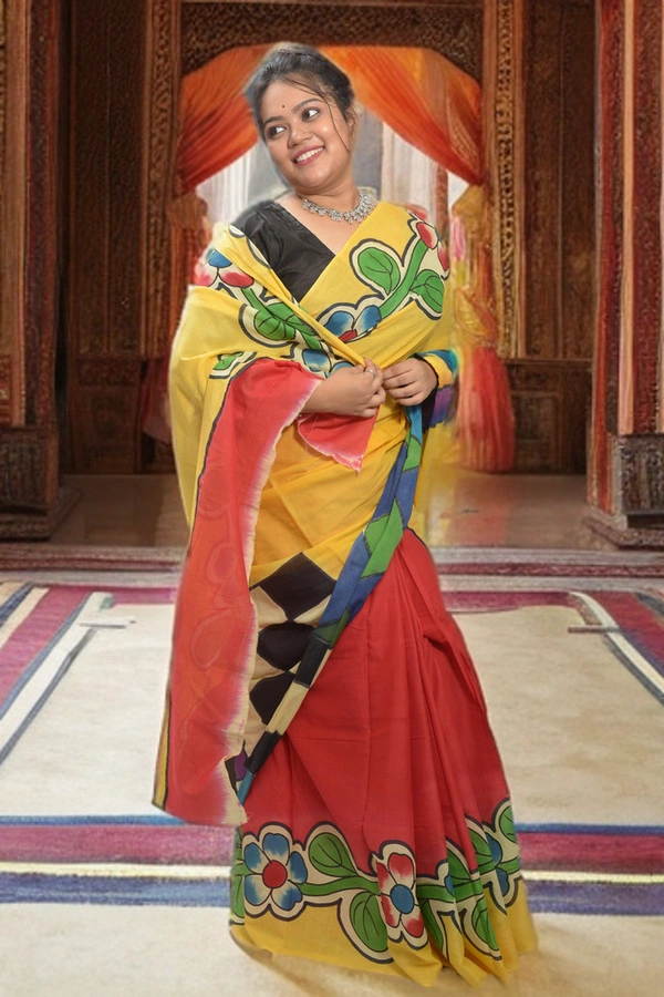 SKU0350 :  Pure Khadi Cotton Saree – Handwoven, Lightweight & Breathable Fabric | Floral - Floral, Hand Print, All, Yes