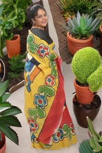 SKU0350 :  Pure Khadi Cotton Saree – Handwoven, Lightweight & Breathable Fabric | Floral - Floral, Hand Print, All, Yes