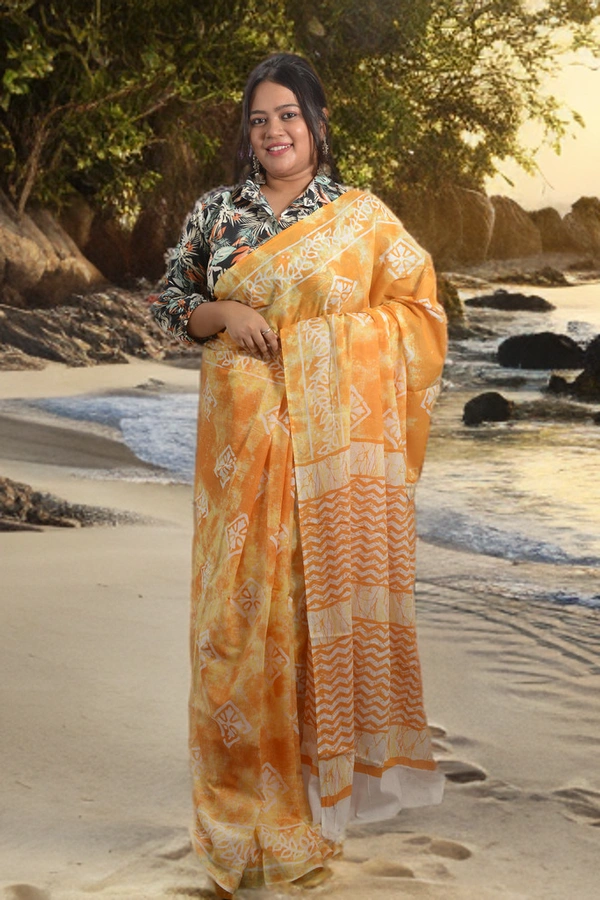 SKU0334 :   Pure Khadi Cotton Saree – Handwoven, Screen Print, Lightweight & Breathable Fabric | Ajrakh  - Ajrakh, Screen Print, All, No