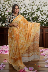 SKU0334 :   Pure Khadi Cotton Saree – Handwoven, Screen Print, Lightweight & Breathable Fabric | Ajrakh  - Ajrakh, Screen Print, All, No