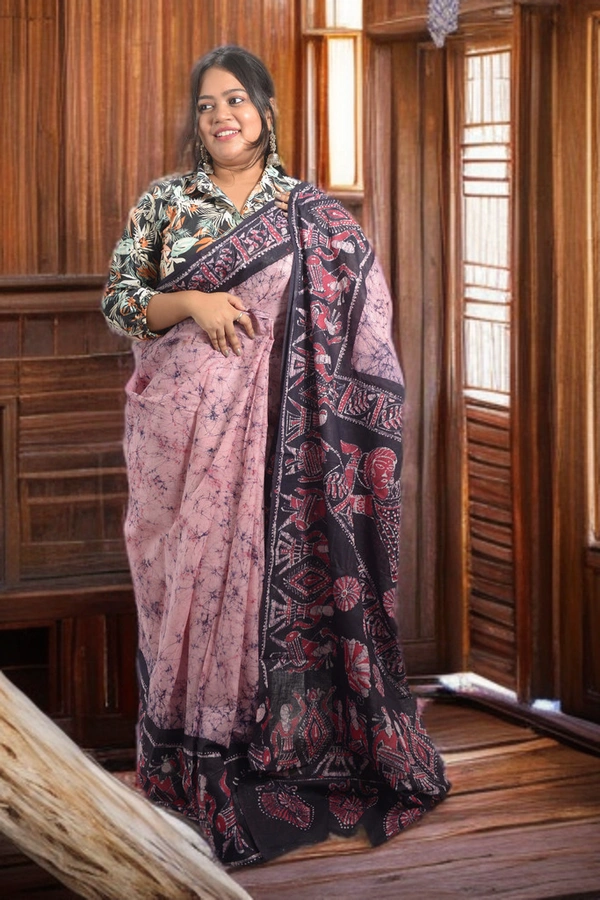 SKU0335 : Pure Khadi Cotton Saree – Handwoven, Batik Print, Lightweight & Breathable Fabric |Hand Batik - Buti / Booti, Batik Print, All, Yes