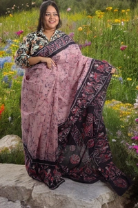 SKU0335 : Pure Khadi Cotton Saree – Handwoven, Batik Print, Lightweight & Breathable Fabric |Hand Batik - Buti / Booti, Batik Print, All, Yes