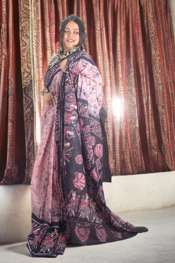 SKU0335 : Pure Khadi Cotton Saree – Handwoven, Batik Print, Lightweight & Breathable Fabric |Hand Batik - Buti / Booti, Batik Print, All, Yes