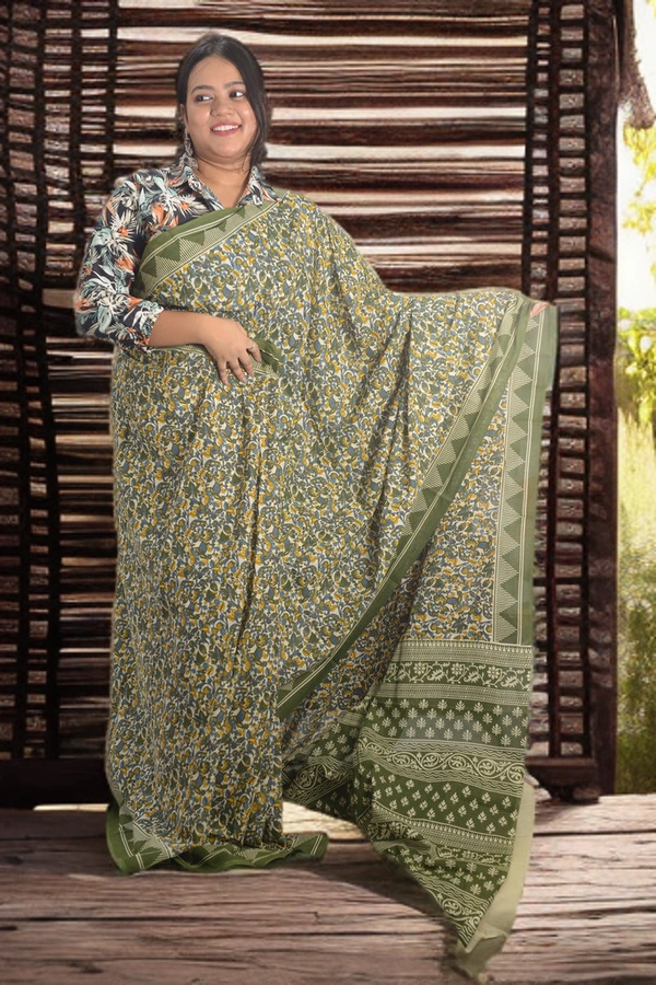 SKU0336 :  Pure Khadi Cotton Saree – Handwoven, Screen Print, Lightweight & Breathable Fabric | Kalamkari - Kalamkari, Screen Print, All, No