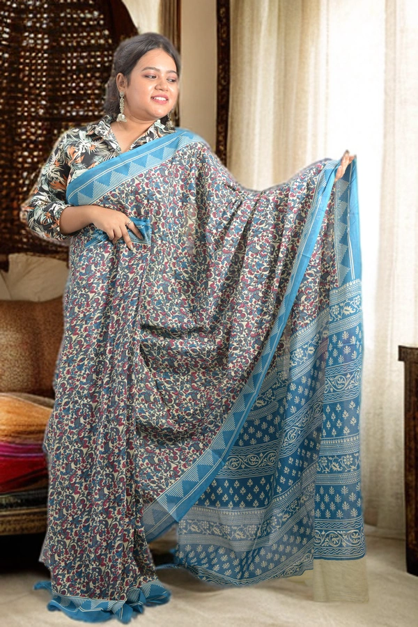 SKU0337 :  Pure Khadi Cotton Saree – Handwoven, Screen Print, Lightweight & Breathable Fabric | Kalamkari - Kalamkari, Screen Print, All, No