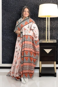 SKU0338 :  Pure Khadi Cotton Saree – Handwoven, Screen Print, Lightweight & Breathable Fabric | Geometric - Geometric, Screen Print, All, No