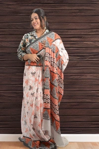 SKU0338 :  Pure Khadi Cotton Saree – Handwoven, Screen Print, Lightweight & Breathable Fabric | Geometric - Geometric, Screen Print, All, No