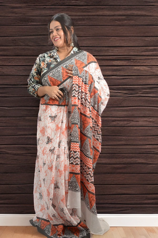 SKU0338 :  Pure Khadi Cotton Saree – Handwoven, Screen Print, Lightweight & Breathable Fabric | Geometric - Geometric, Screen Print, All, No