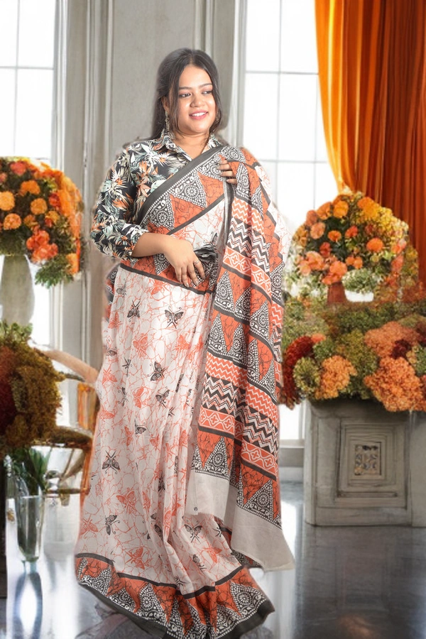 SKU0338 :  Pure Khadi Cotton Saree – Handwoven, Screen Print, Lightweight & Breathable Fabric | Geometric - Geometric, Screen Print, All, No