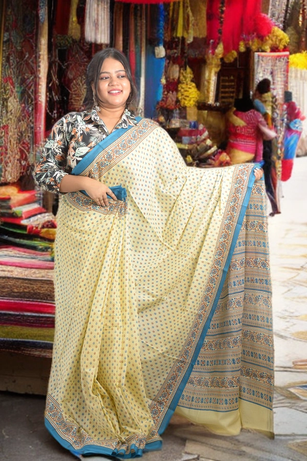 SKU0340 :  Pure Khadi Cotton Saree – Handwoven, Screen Print, Lightweight & Breathable Fabric | Buti - Buti / Booti, Batik Print, All, No