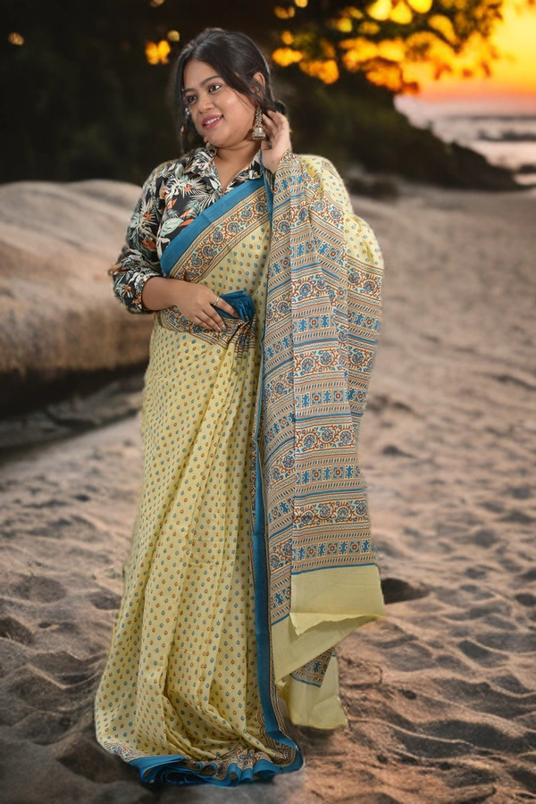 SKU0340 :  Pure Khadi Cotton Saree – Handwoven, Screen Print, Lightweight & Breathable Fabric | Buti - Buti / Booti, Batik Print, All, No