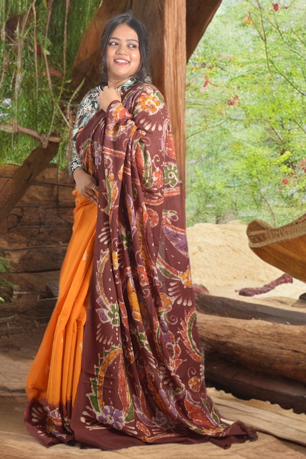 SKU0341 : Khadi Cotton Wax Batik Saree – Handcrafted, Lightweight & Breathable  - Buti / Booti, Batik Print, All, Yes
