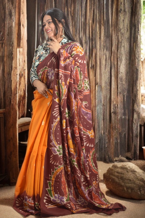 SKU0341 : Khadi Cotton Wax Batik Saree – Handcrafted, Lightweight & Breathable  - Buti / Booti, Batik Print, All, Yes