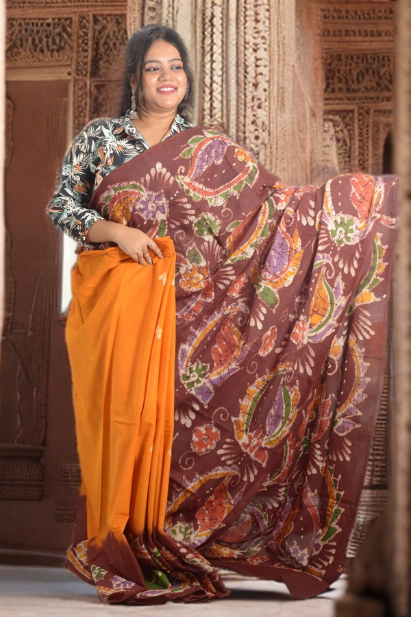 SKU0341 : Khadi Cotton Wax Batik Saree – Handcrafted, Lightweight & Breathable  - Buti / Booti, Batik Print, All, Yes