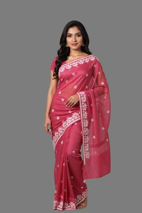 SKU0373 : Pure Cotton Saree – Handwoven, Lightweight & Breathable Fabric | Applic Work Border - Floral, Dry Clean Only, Yes