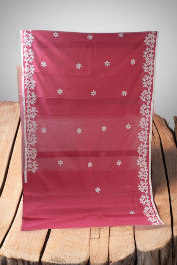 SKU0373 : Pure Cotton Saree – Handwoven, Lightweight & Breathable Fabric | Applic Work Border - Floral, Dry Clean Only, Yes