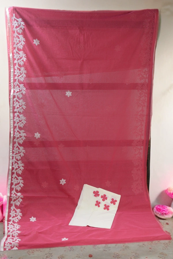SKU0373 : Pure Cotton Saree – Handwoven, Lightweight & Breathable Fabric | Applic Work Border - Floral, Dry Clean Only, Yes