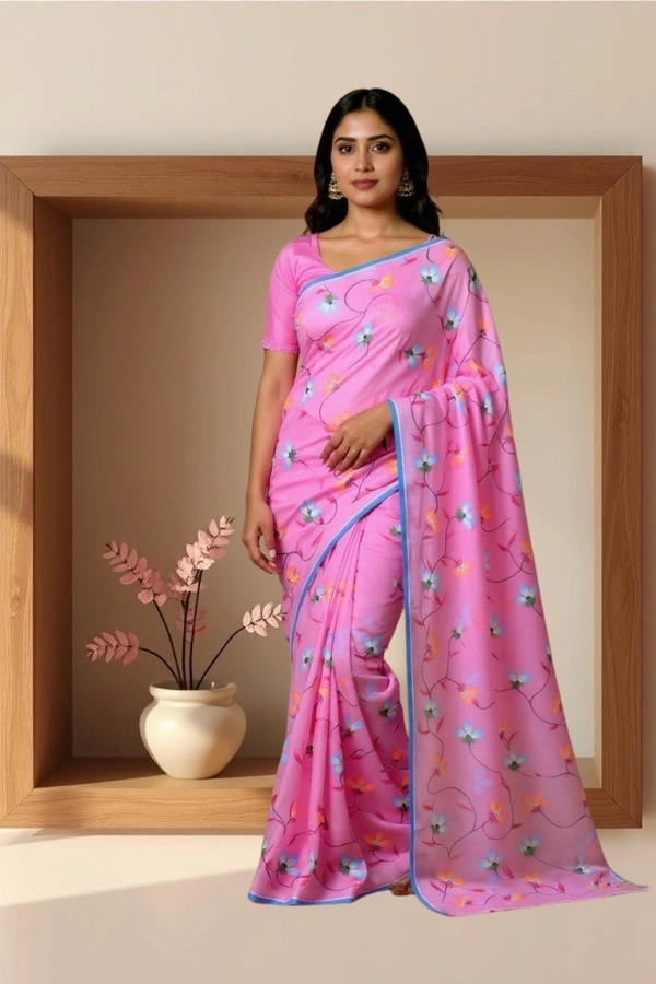 SKU0375 : Pure Cotton Saree – Handwoven, Lightweight & Breathable Fabric  - Pink, Floral, Hand Paint, Dry Clean Only, Yes