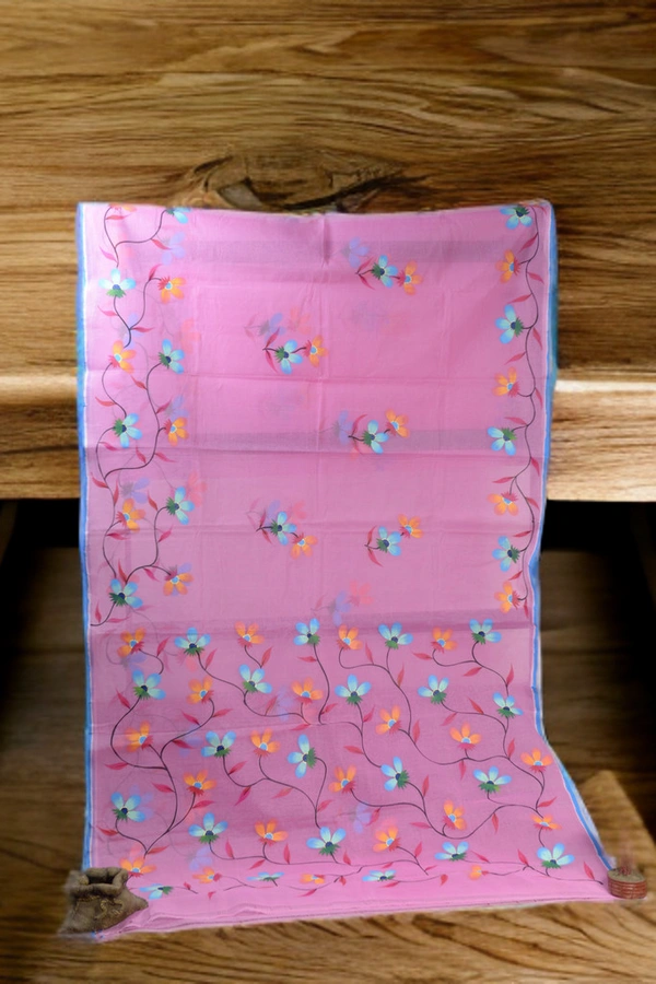 SKU0375 : Pure Cotton Saree – Handwoven, Lightweight & Breathable Fabric  - Pink, Floral, Hand Paint, Dry Clean Only, Yes