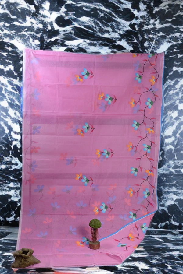SKU0375 : Pure Cotton Saree – Handwoven, Lightweight & Breathable Fabric  - Pink, Floral, Hand Paint, Dry Clean Only, Yes
