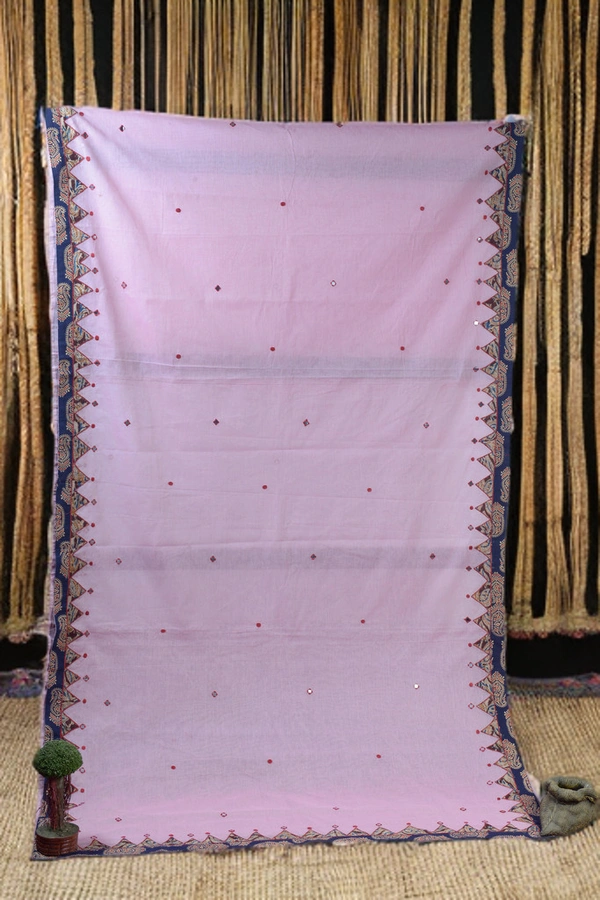 SKU0379 : Pure Cotton Saree – Handwoven, Lightweight & Breathable Fabric | Applic Border - Pink, Buti / Booti, Dry Clean Only