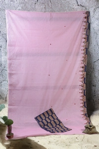 SKU0379 : Pure Cotton Saree – Handwoven, Lightweight & Breathable Fabric | Applic Border - Pink, Buti / Booti, Dry Clean Only