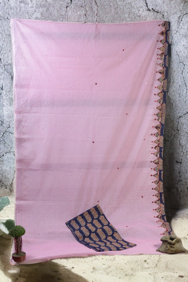 SKU0379 : Pure Cotton Saree – Handwoven, Lightweight & Breathable Fabric | Applic Border - Pink, Buti / Booti, Dry Clean Only