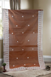 SKU0380 : Pure Cotton Saree – Handwoven, Lightweight & Breathable Fabric | Applic Work - Brown, Geometric, Dry Clean Only, Yes