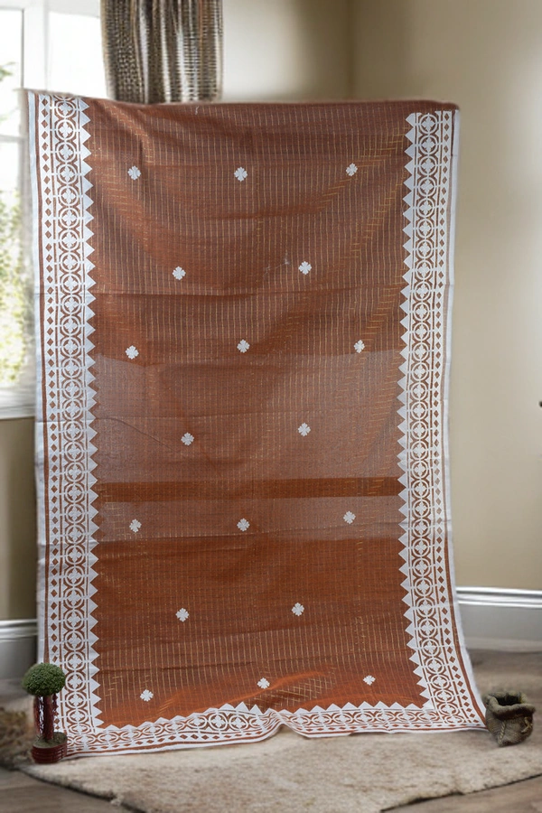 SKU0380 : Pure Cotton Saree – Handwoven, Lightweight & Breathable Fabric | Applic Work - Brown, Geometric, Dry Clean Only, Yes