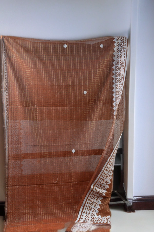 SKU0380 : Pure Cotton Saree – Handwoven, Lightweight & Breathable Fabric | Applic Work - Brown, Geometric, Dry Clean Only, Yes