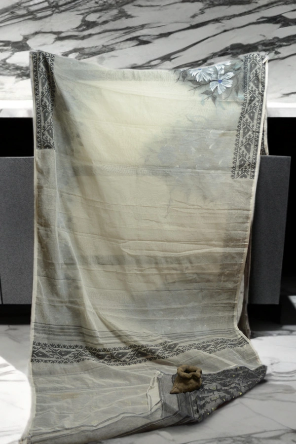 SKU0365 : Elegant Handwoven Jamdani Saree – Traditional Bengali Weave  - Floral, Hand Paint, Dry Clean Only, Yes