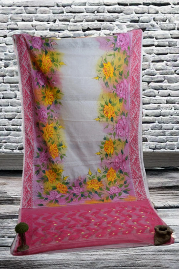 SKU0366 :   Elegant Handwoven Jamdani Saree – Traditional Bengali Weave  - Floral, Hand Paint, Dry Clean Only, Yes