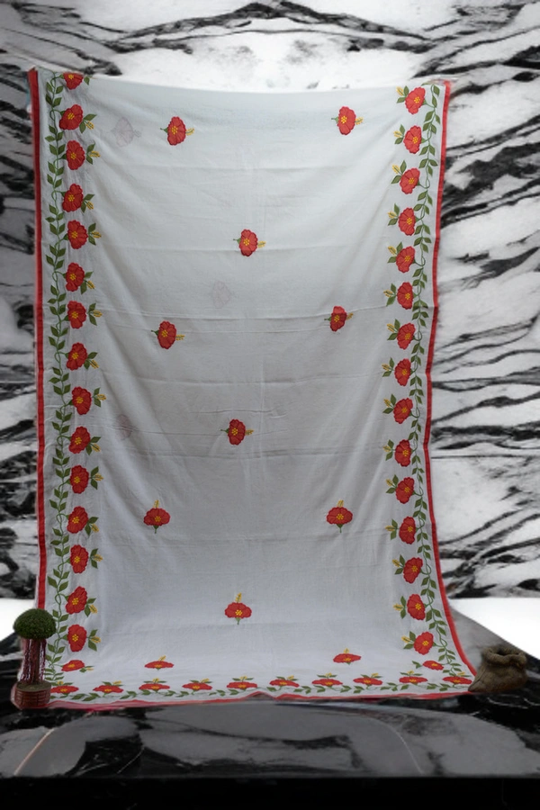SKU0369 : Pure   Cotton Saree – Handwoven, Lightweight & Breathable Fabric  - White, Floral, Hand Paint, Dry Clean Only, Yes