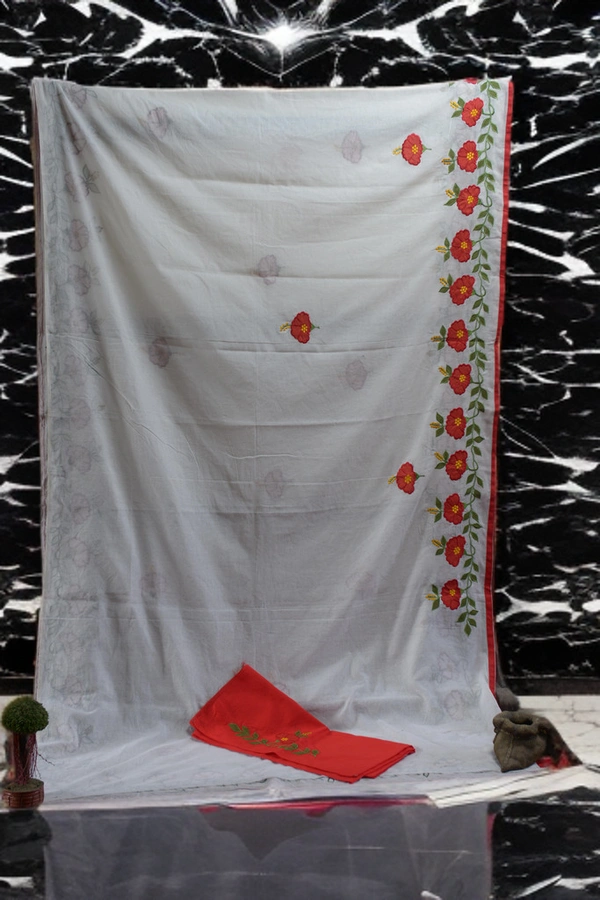 SKU0369 : Pure   Cotton Saree – Handwoven, Lightweight & Breathable Fabric  - White, Floral, Hand Paint, Dry Clean Only, Yes