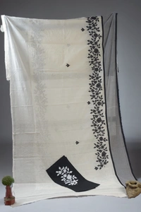 SKU0372 : Pure Cotton Saree – Handwoven, Lightweight & Breathable Fabric | Applic Work Border - Floral, Hand Paint, Dry Clean Only, Yes