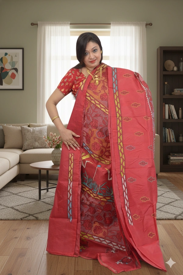 SKU0600 : Pure Silk Saree – Handwoven Bengal Traditional | Parsi Stich - Normal Length 6.3 mtr Plus, Kantha Stitch, Dry Clean Only, Yes