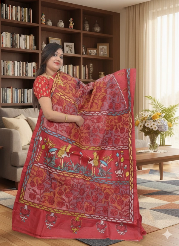 SKU0600 : Pure Silk Saree – Handwoven Bengal Traditional | Parsi Stich - Normal Length 6.3 mtr Plus, Kantha Stitch, Dry Clean Only, Yes