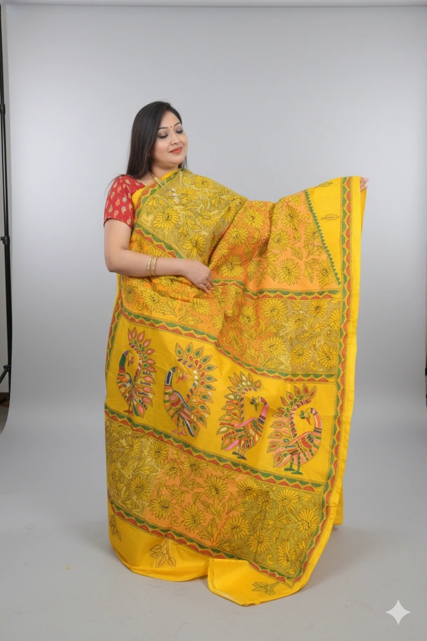 SKU0598 : Pure Silk Saree – Handwoven Bengal Traditional | Parsi Stich - Normal Length 6.3 mtr Plus, Kantha Stitch, Dry Clean Only, Yes
