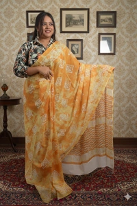 SKU0334 : Pure Khadi Cotton Saree – Handwoven, Screen Print, Lightweight & Breathable Fabric | Ajrakh - Ajrakh, Screen Print, All, No